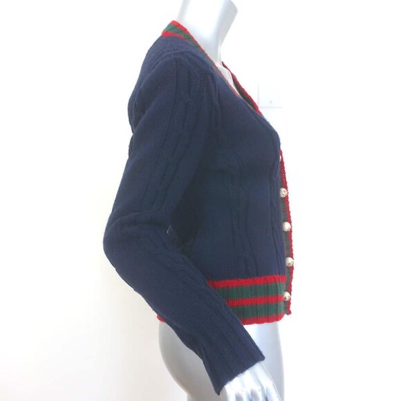 Gucci Bee-Embroidered Cardigan Navy Wool Ribbed Knit Size Small V-Neck Sweater - Picture 5 of 10
